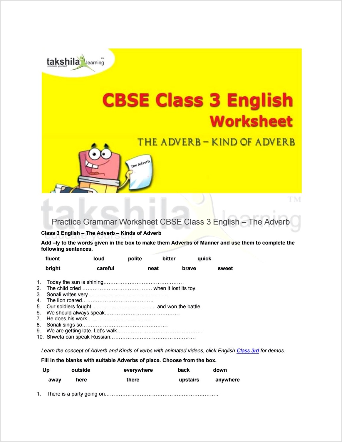 Worksheet English Class 3