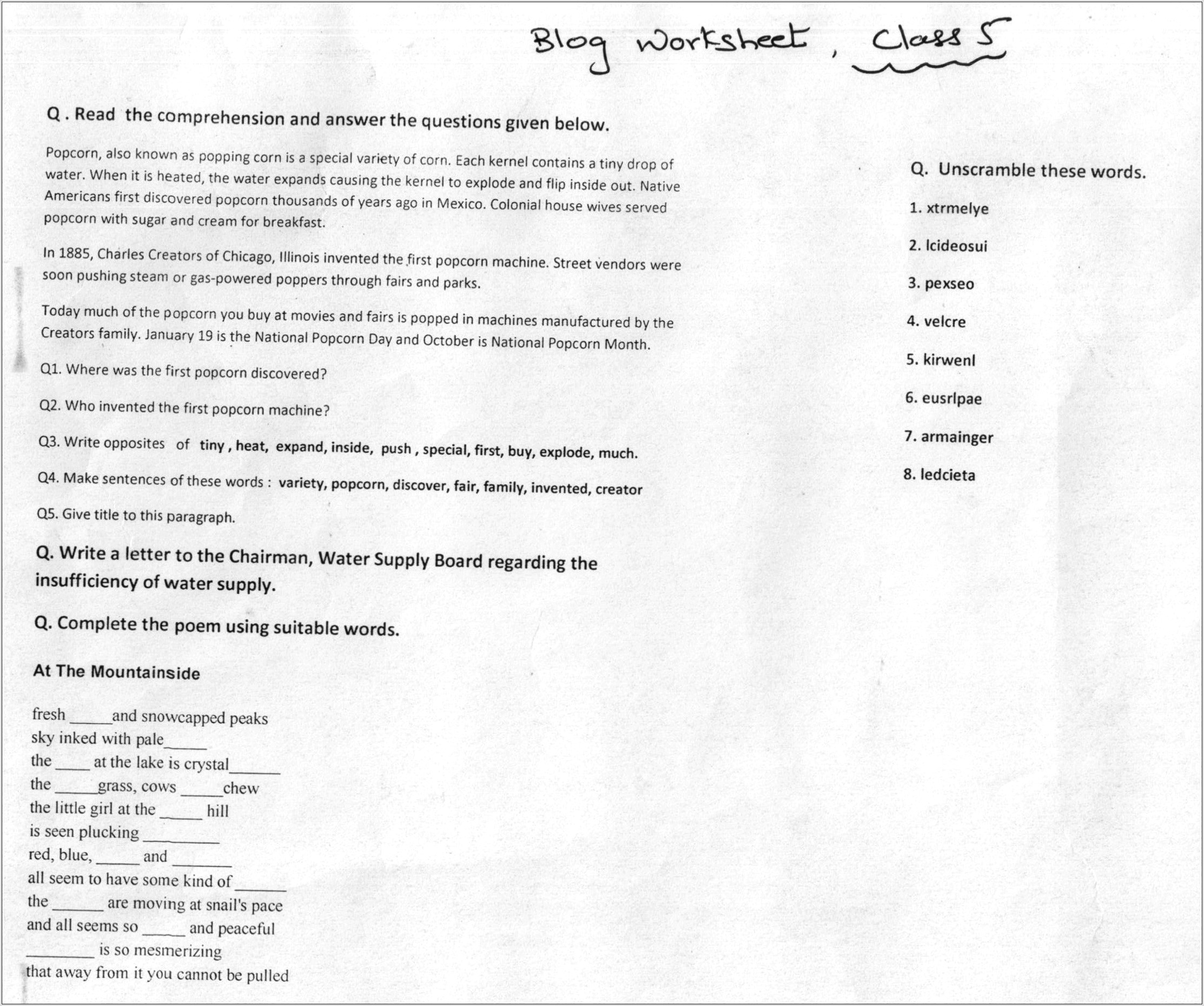 Worksheet English Class 5