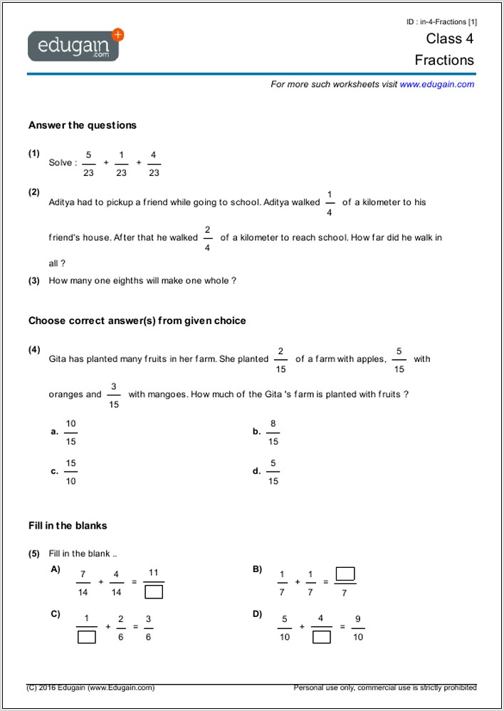 Worksheet English For Class 4