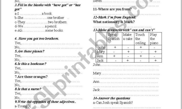 Worksheet English For Grade 6