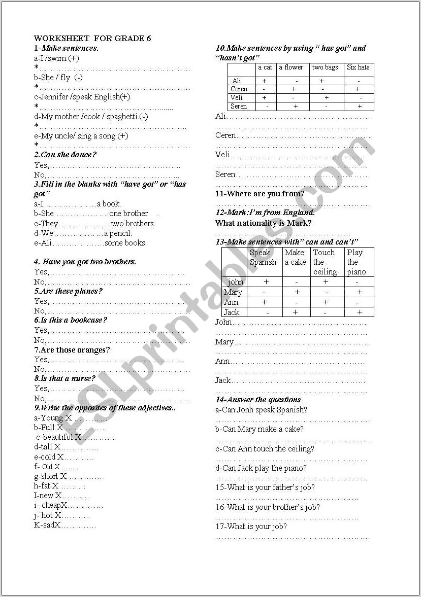 Worksheet English For Grade 6