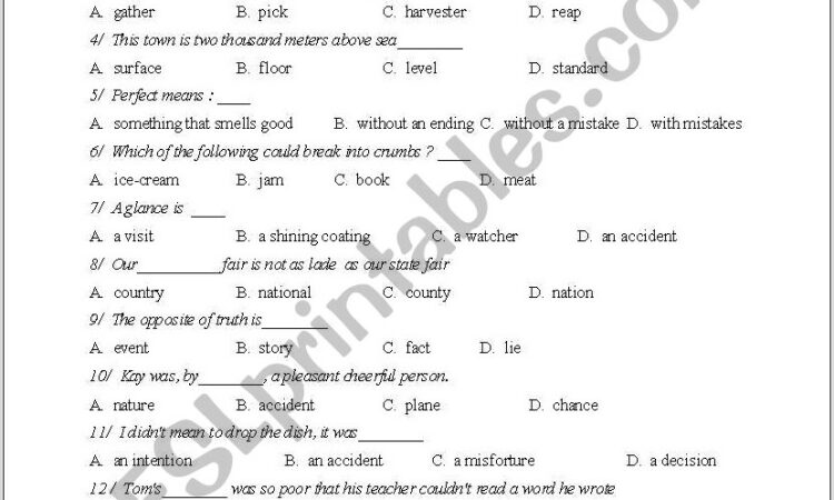 Worksheet English Grade 9