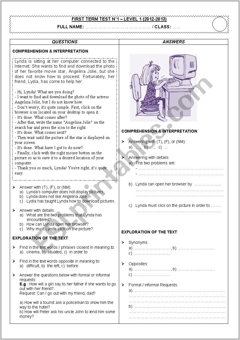 Worksheet English Level 1