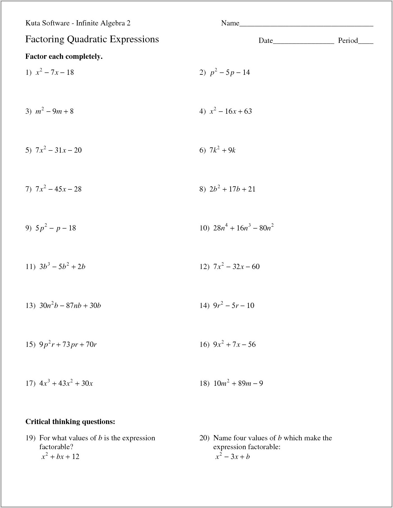 Worksheet Factoring Algebraic Expressions