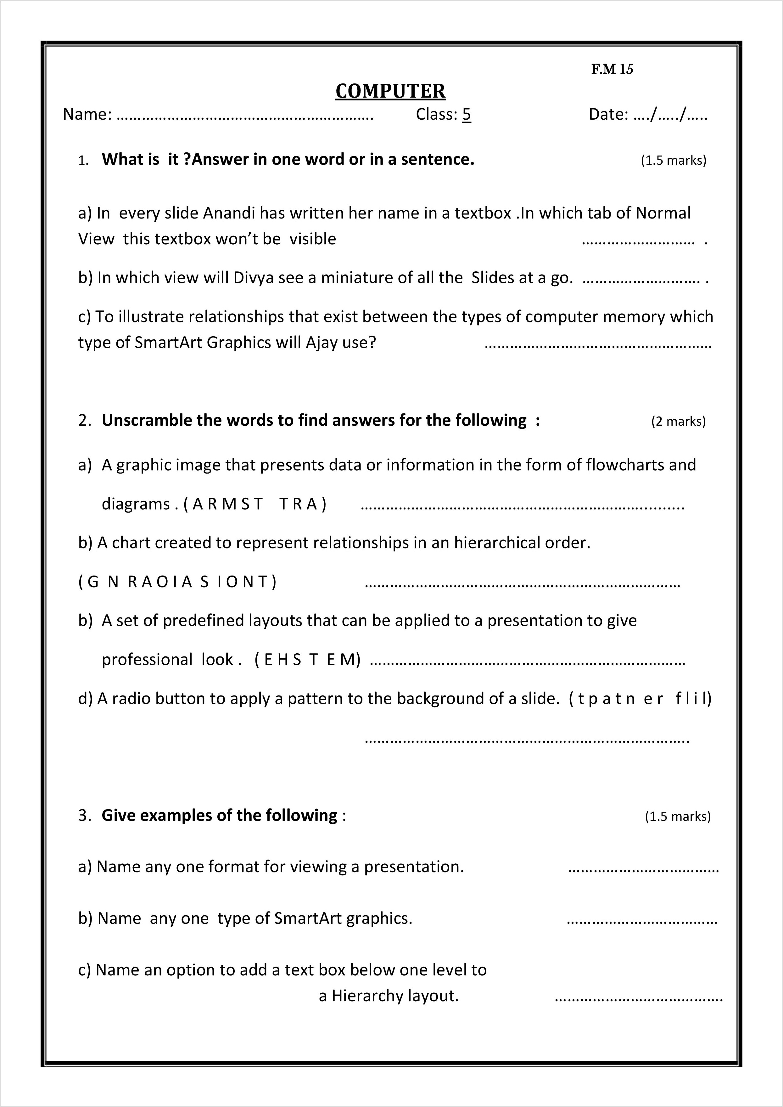 Worksheet For Class 5 Computer Science