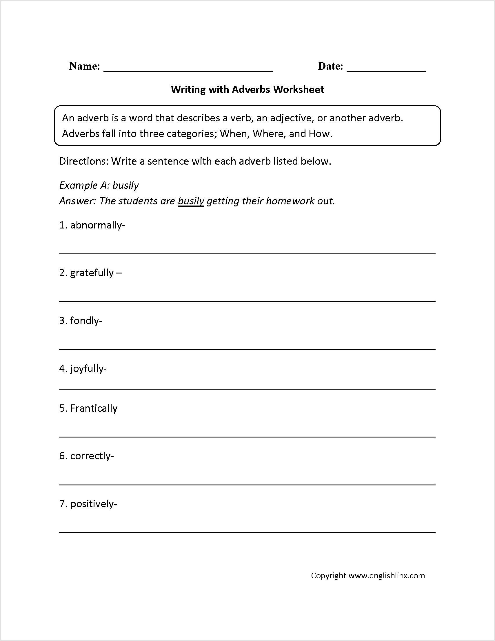 Worksheet For Grade 5 On Adverbs