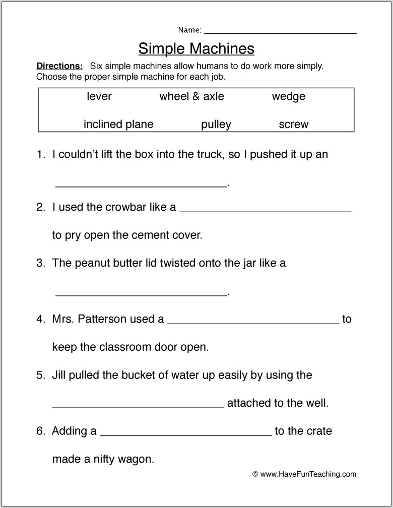 Worksheet For Grade 5 On Simple Machines