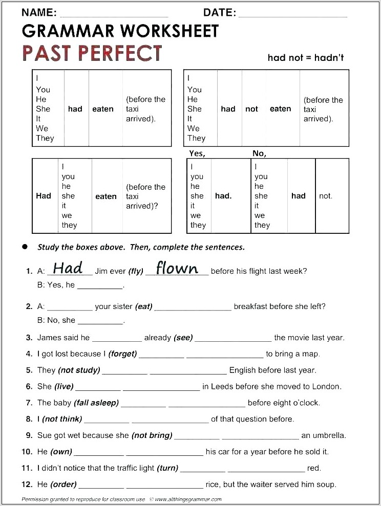 Worksheet For Grade 5 Present Tense
