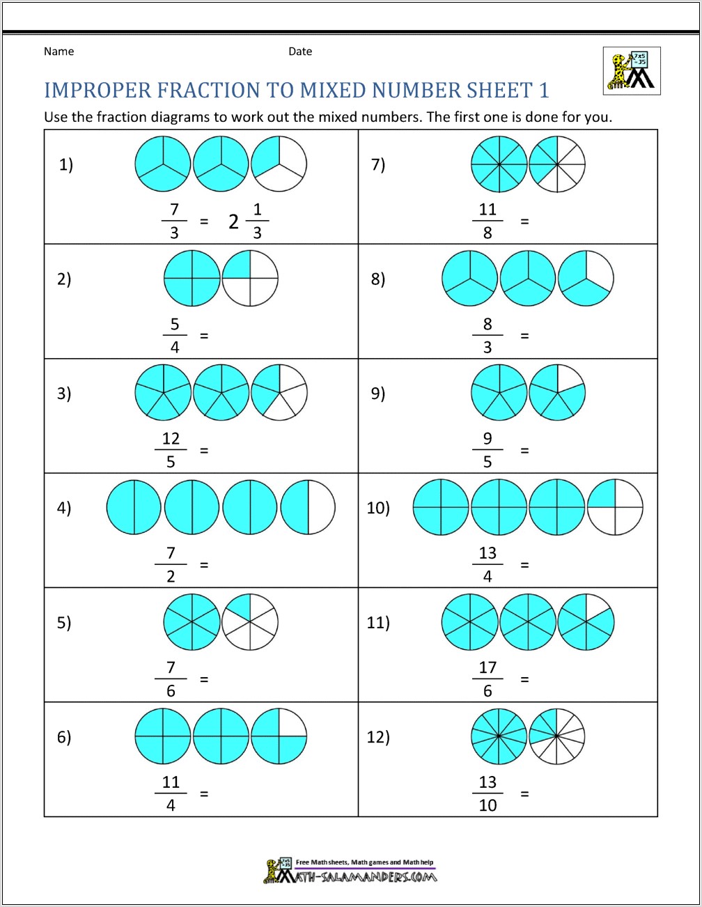 Worksheet For Mixed Numbers To Improper Fractions