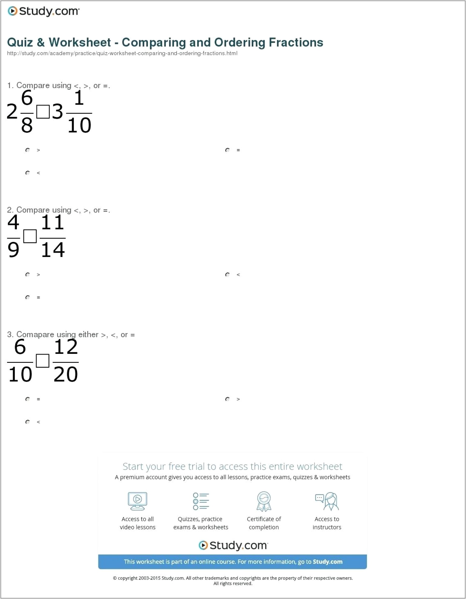 Worksheet For Ordering Fractions With Different Denominators
