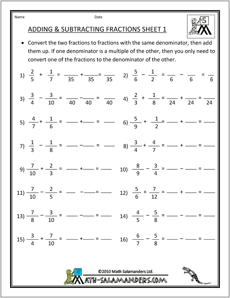 Worksheet Fractions Adding And Subtracting