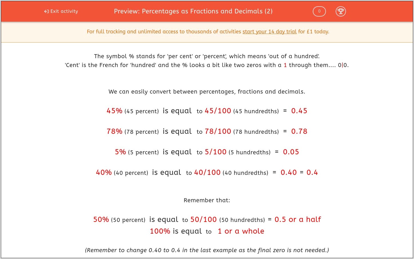 Worksheet Fractions Decimals Percentages