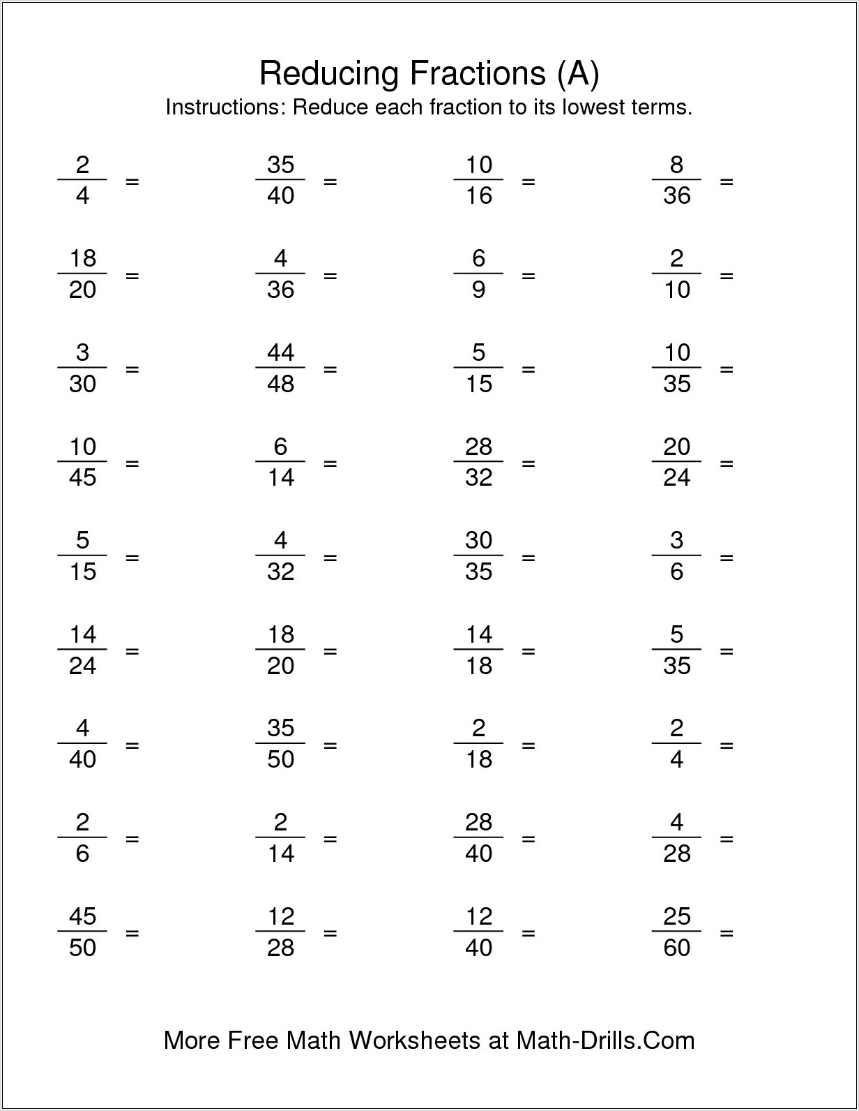 Worksheet Fractions Lowest Terms