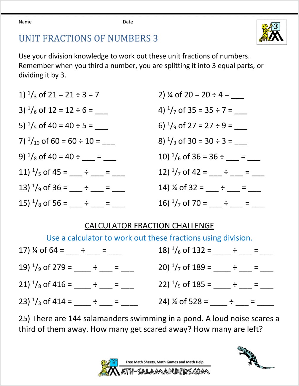 Worksheet Fractions Of Numbers