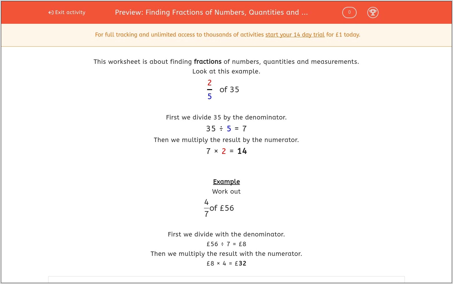 Worksheet Fractions Of Quantities