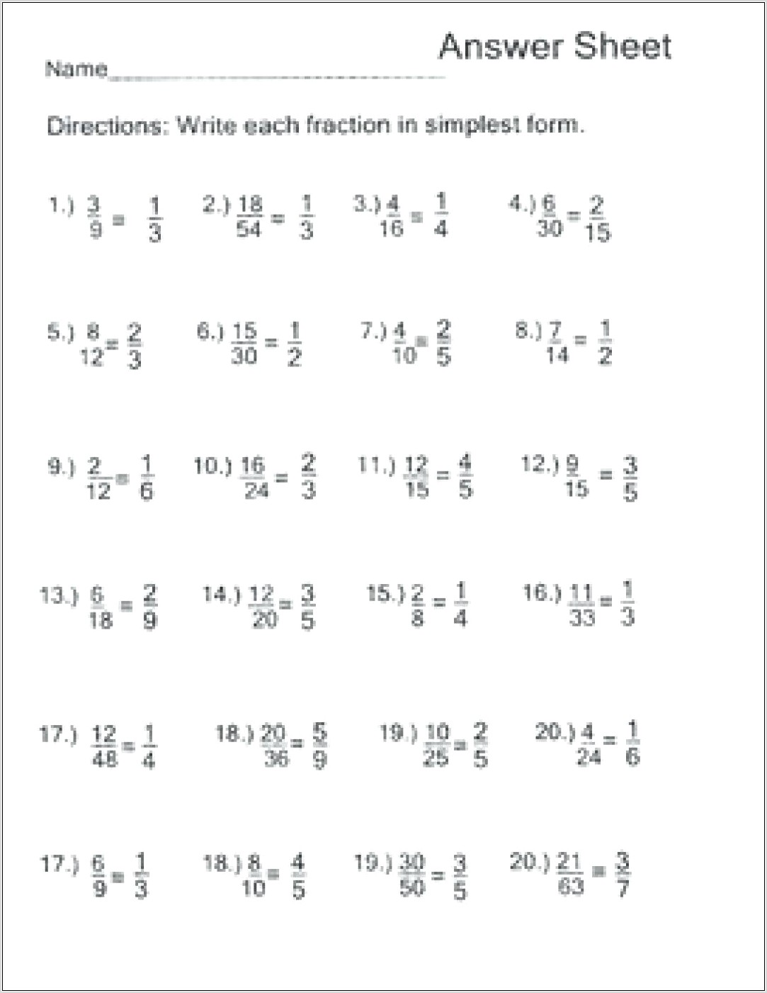 Worksheet Fractions Simplest Form