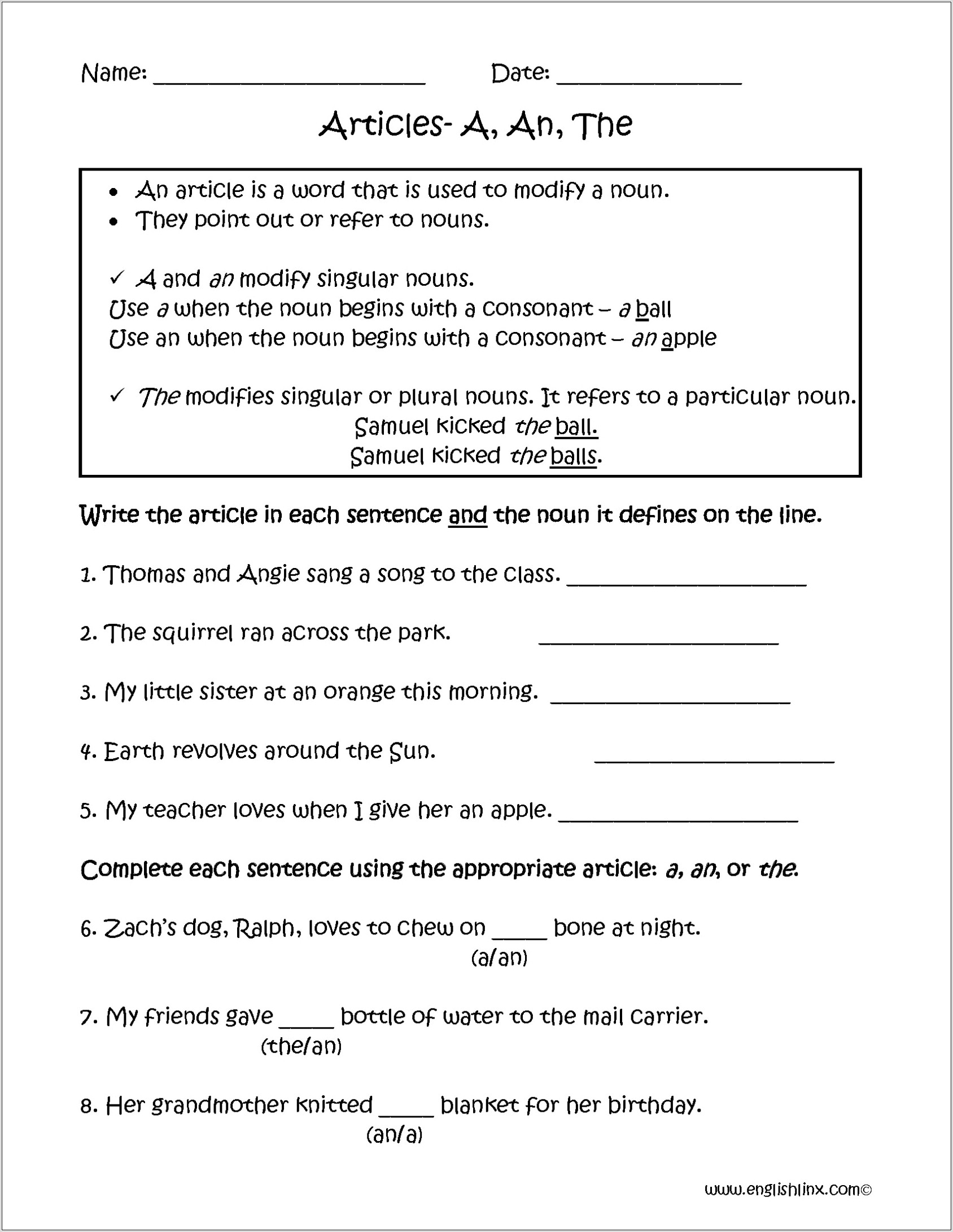 Worksheet In English Grade 5