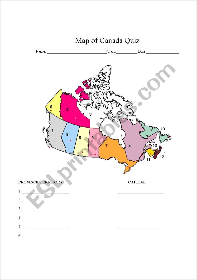 Worksheet Map Of Canada