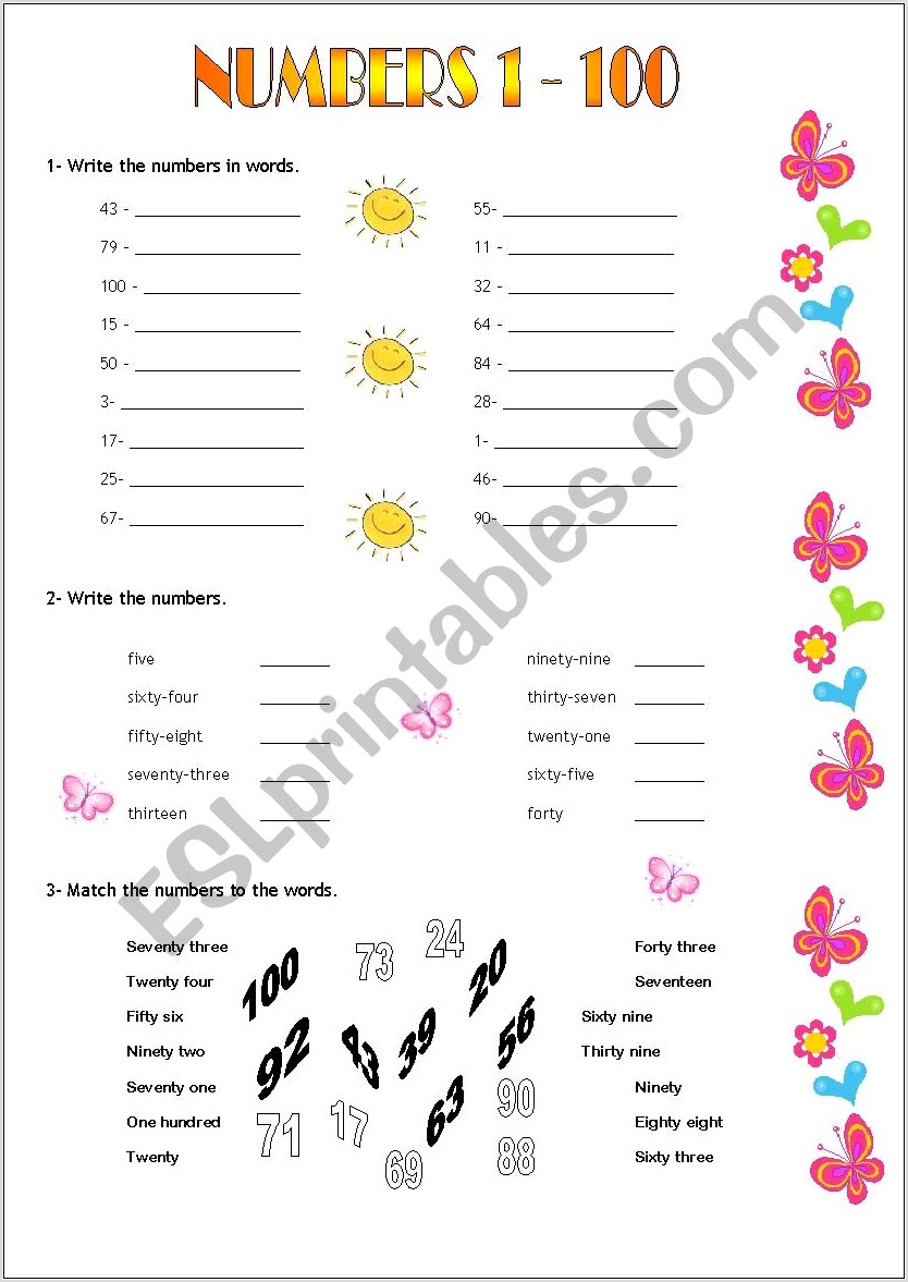 Worksheet Numbers 1 100