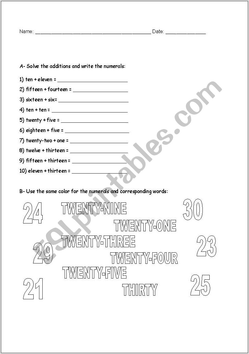 Worksheet Numbers 20 30