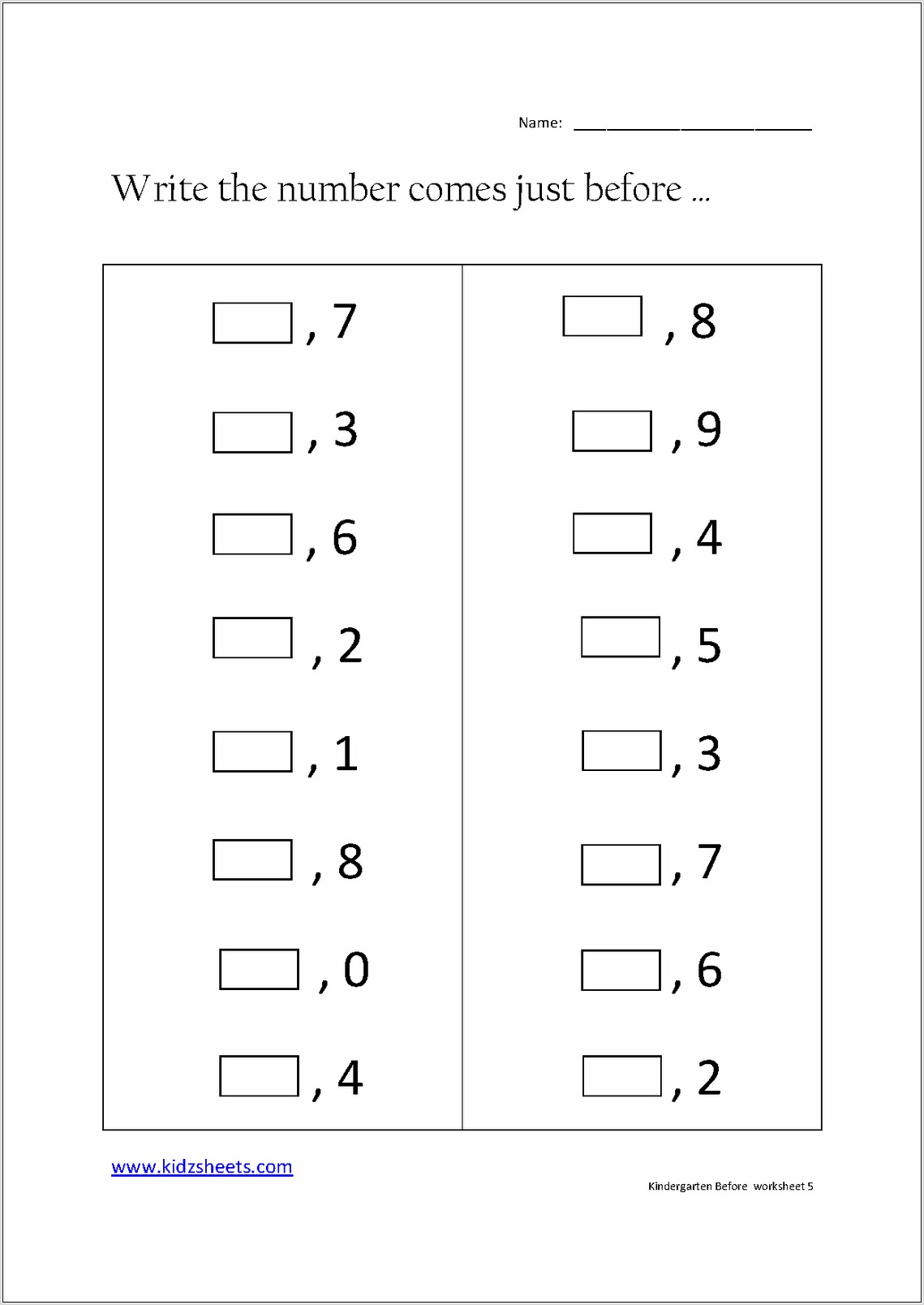 Worksheet On Before Numbers For Kindergarten