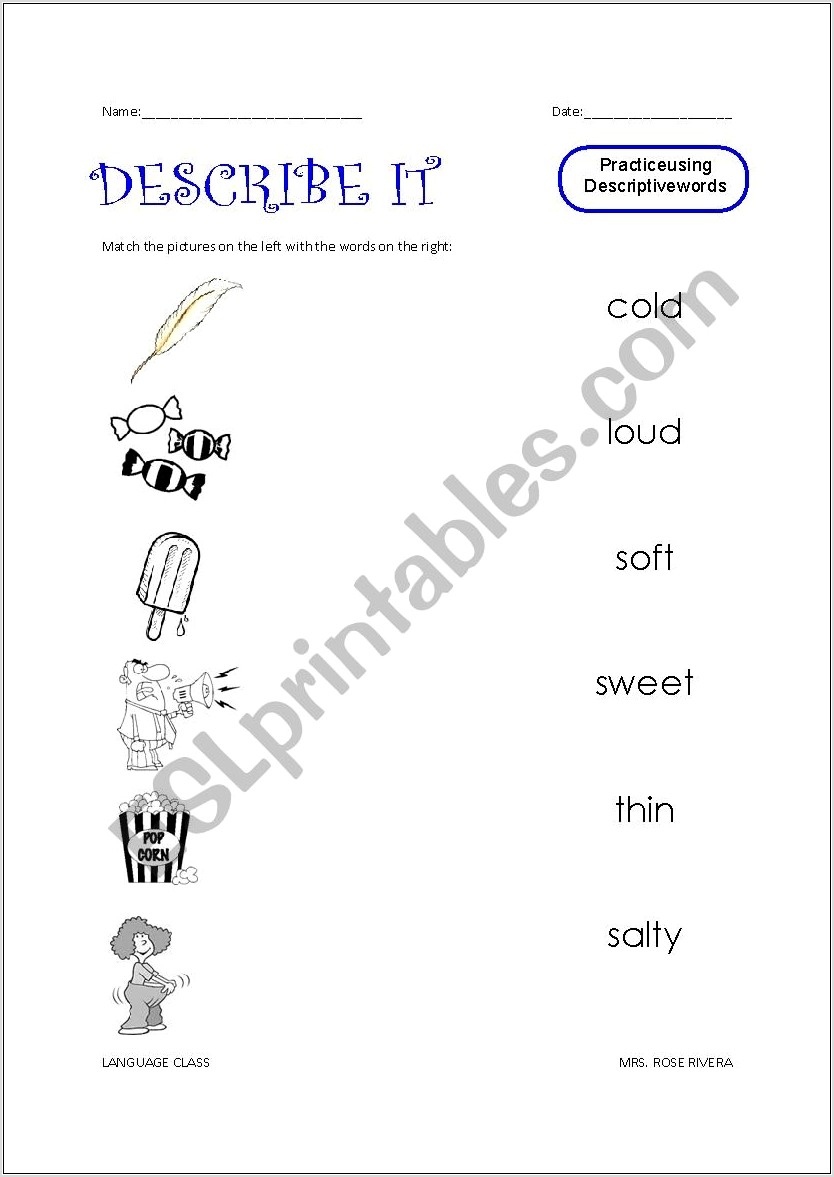 Worksheet On Descriptive Words