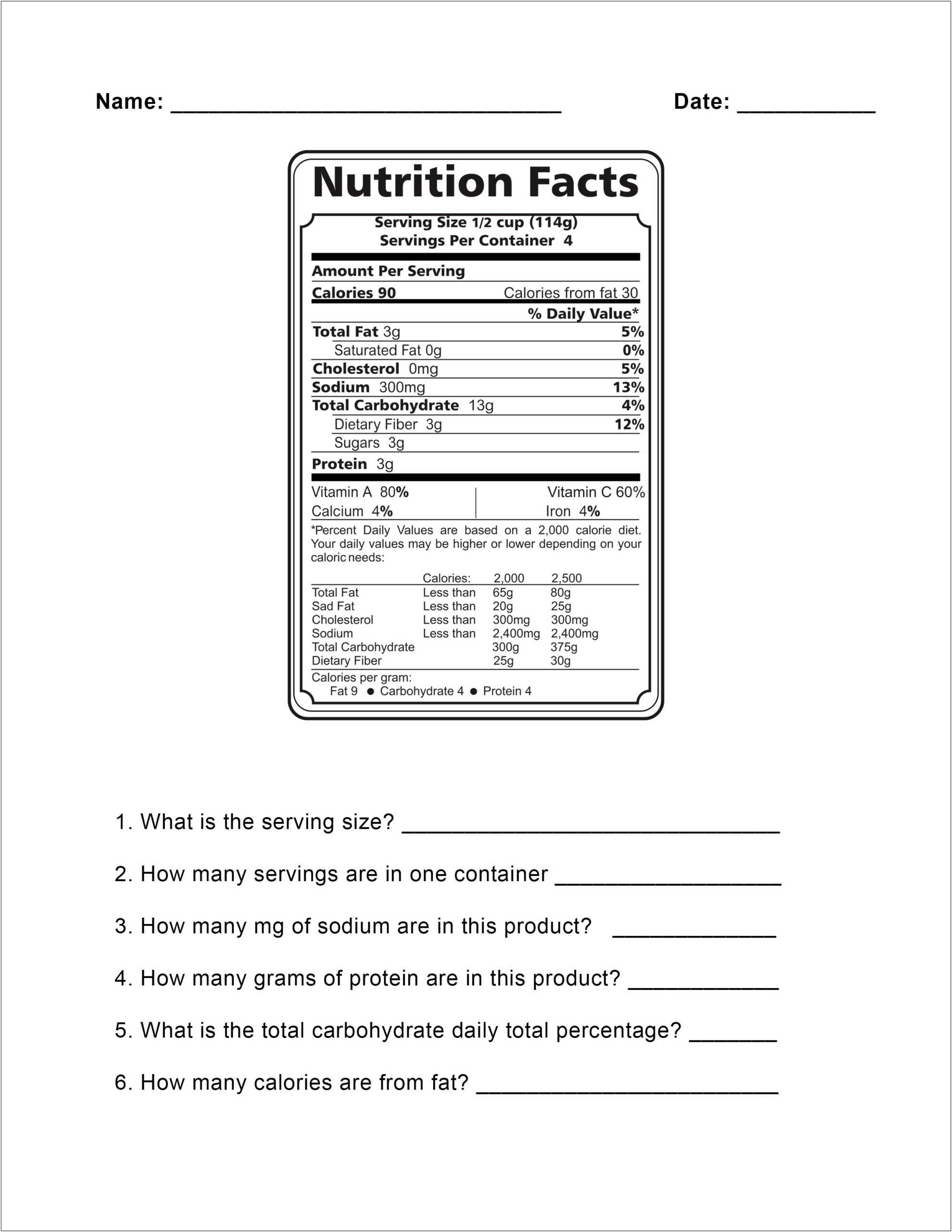Worksheet On Food Labels