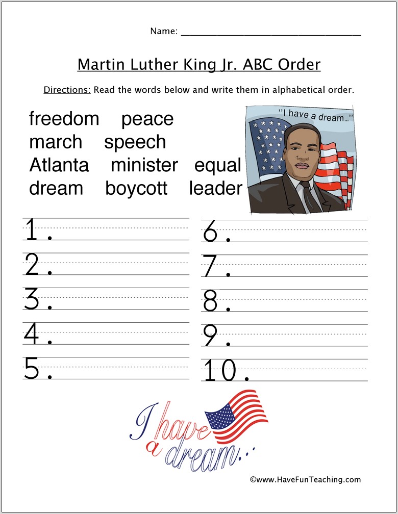 Worksheet On Martin Luther King Jr