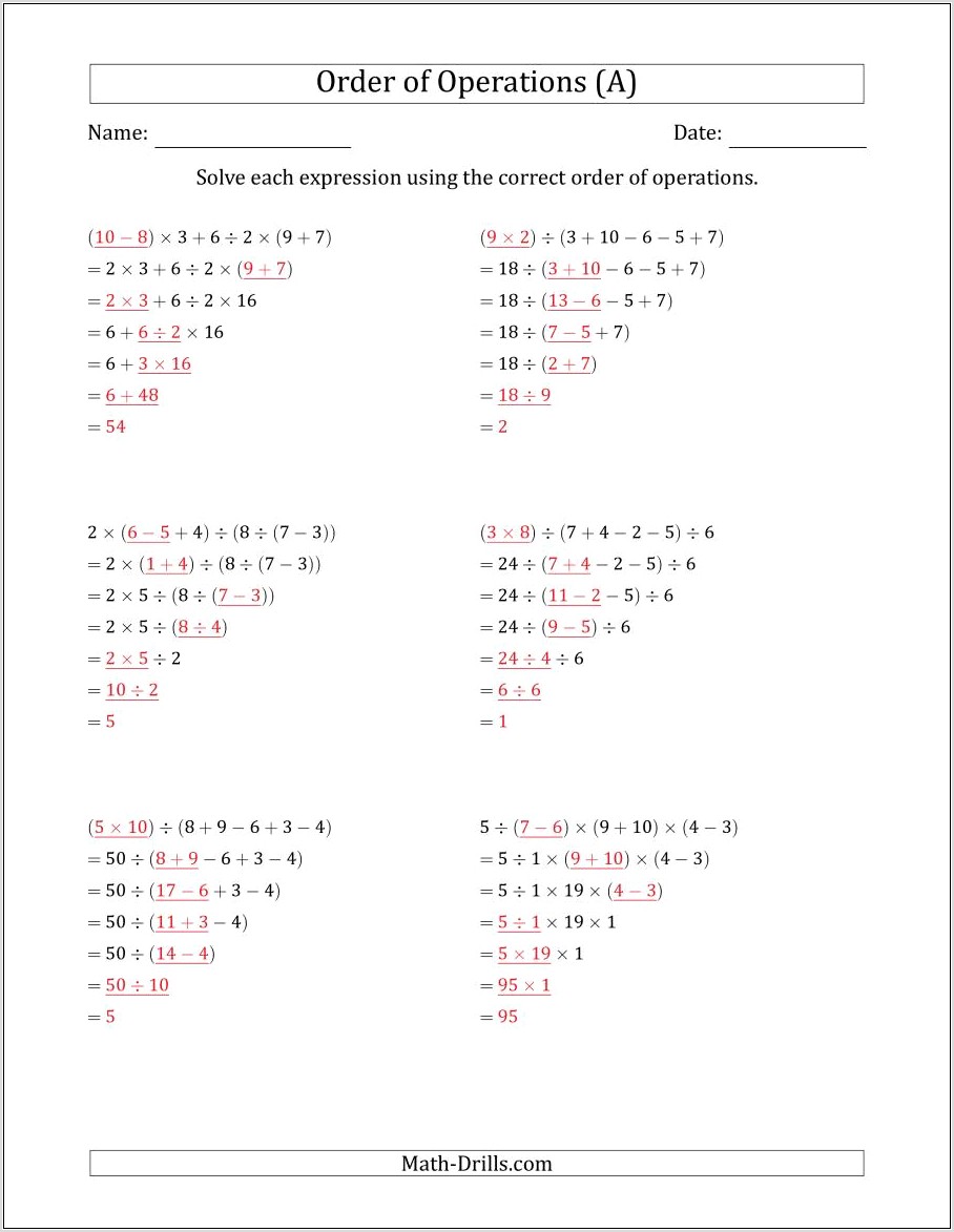 Worksheet On Order Of Operations With Integers
