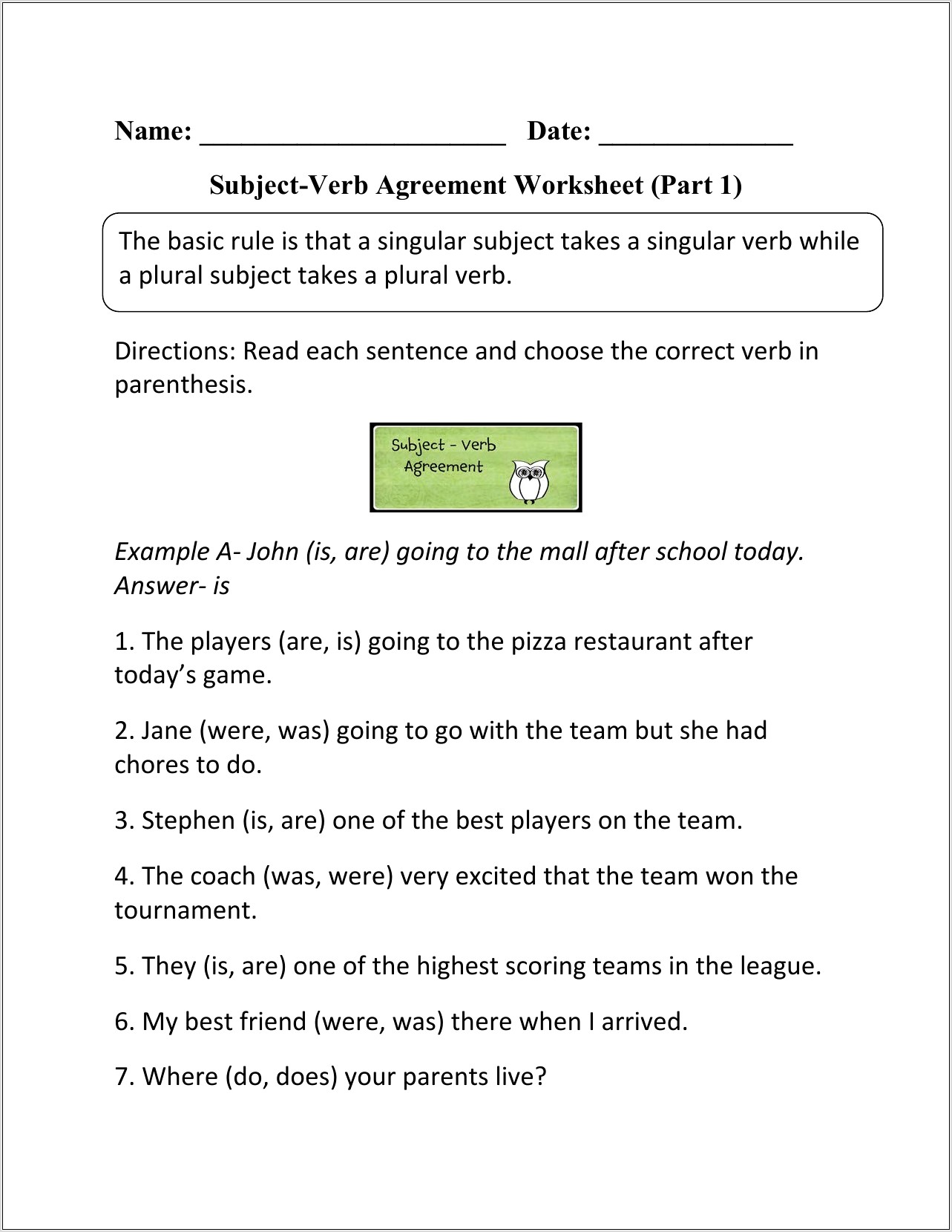 Worksheet On Subject Verb Agreement With Answers