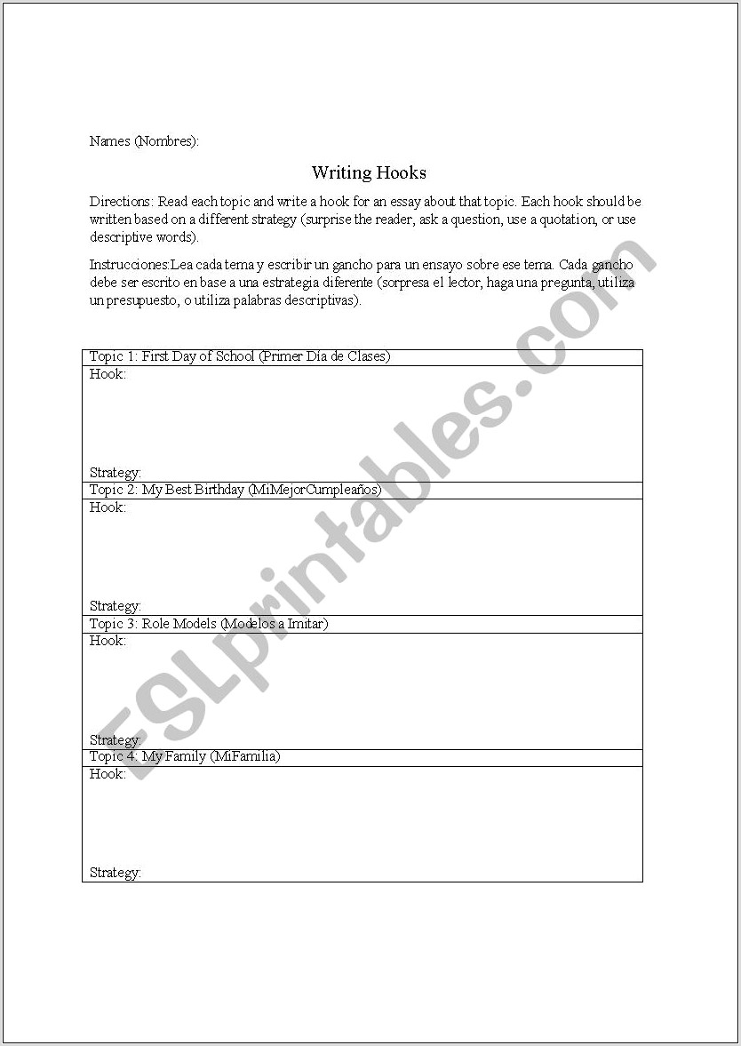 Worksheet On Writing Hooks