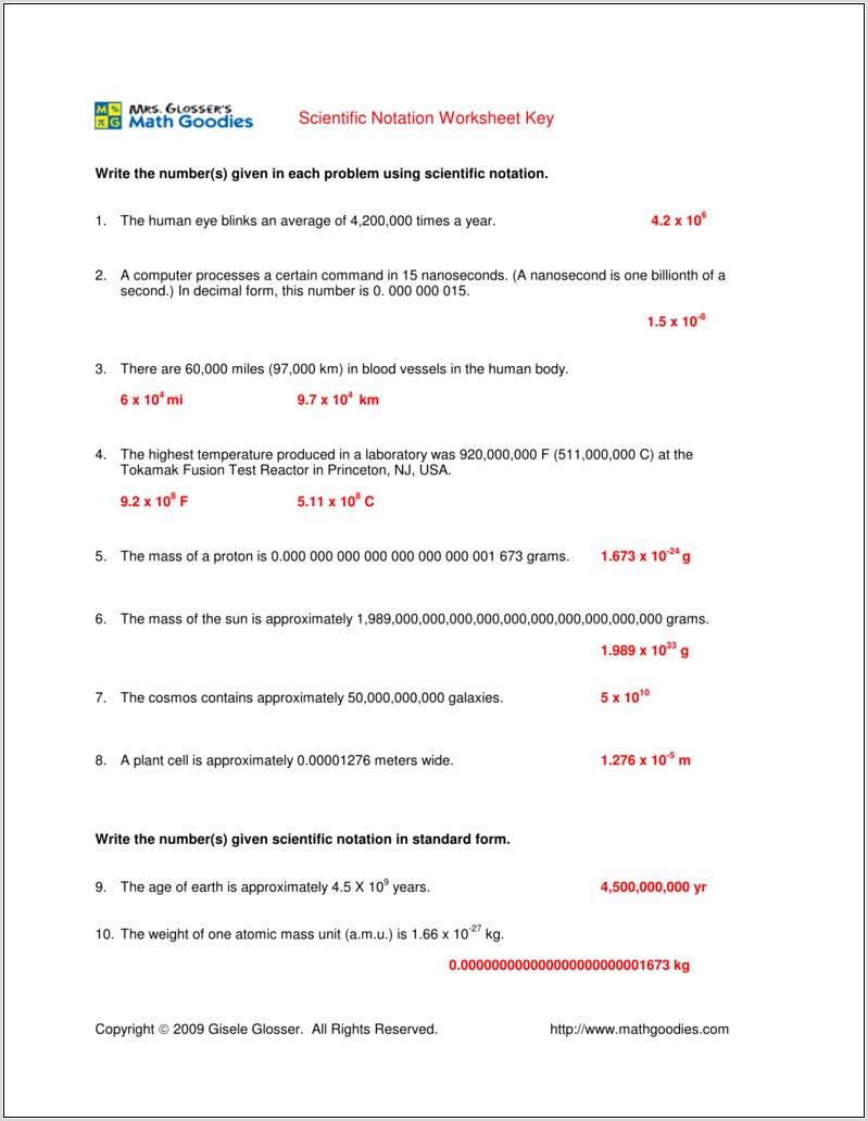 Worksheet On Writing Numbers In Scientific Notation