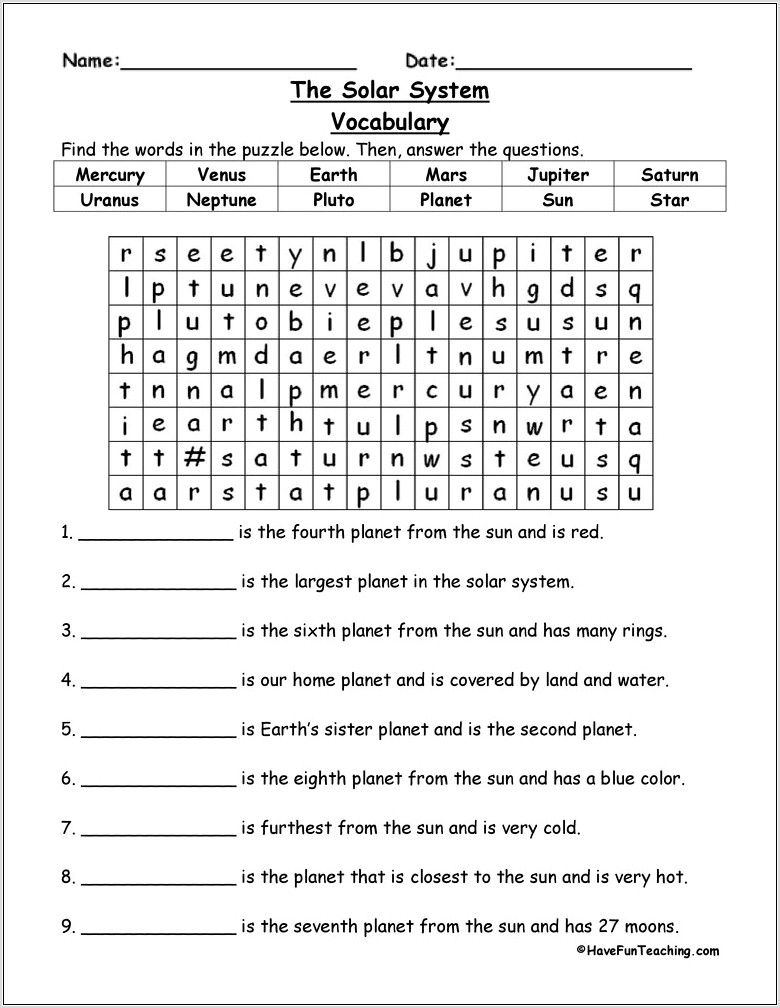 Worksheet Planets 6th 7th 8th Grade