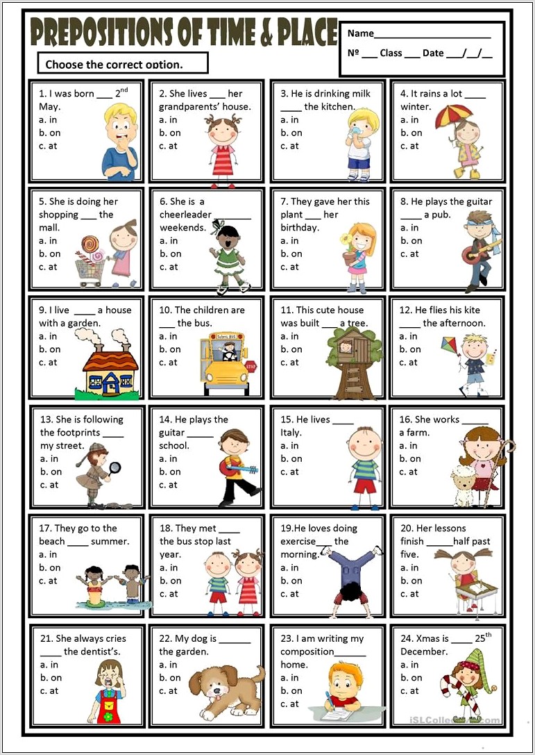 Worksheet Prepositions Of Time And Place