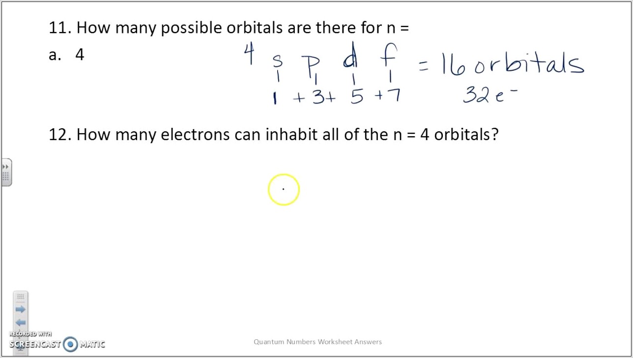 Worksheet Quantum Numbers Answers