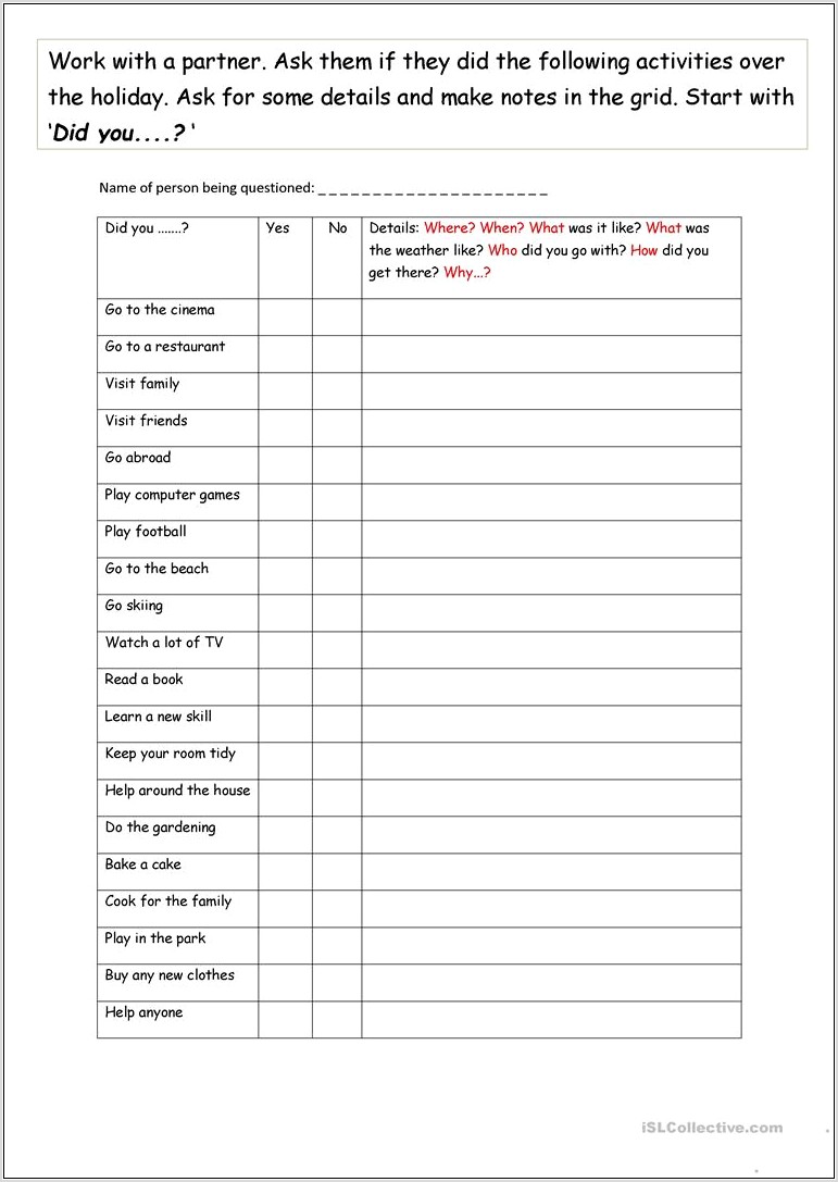 Worksheet Questions Simple Past