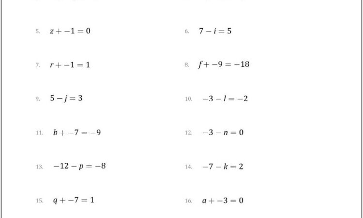 Worksheet Solving Algebraic Equations