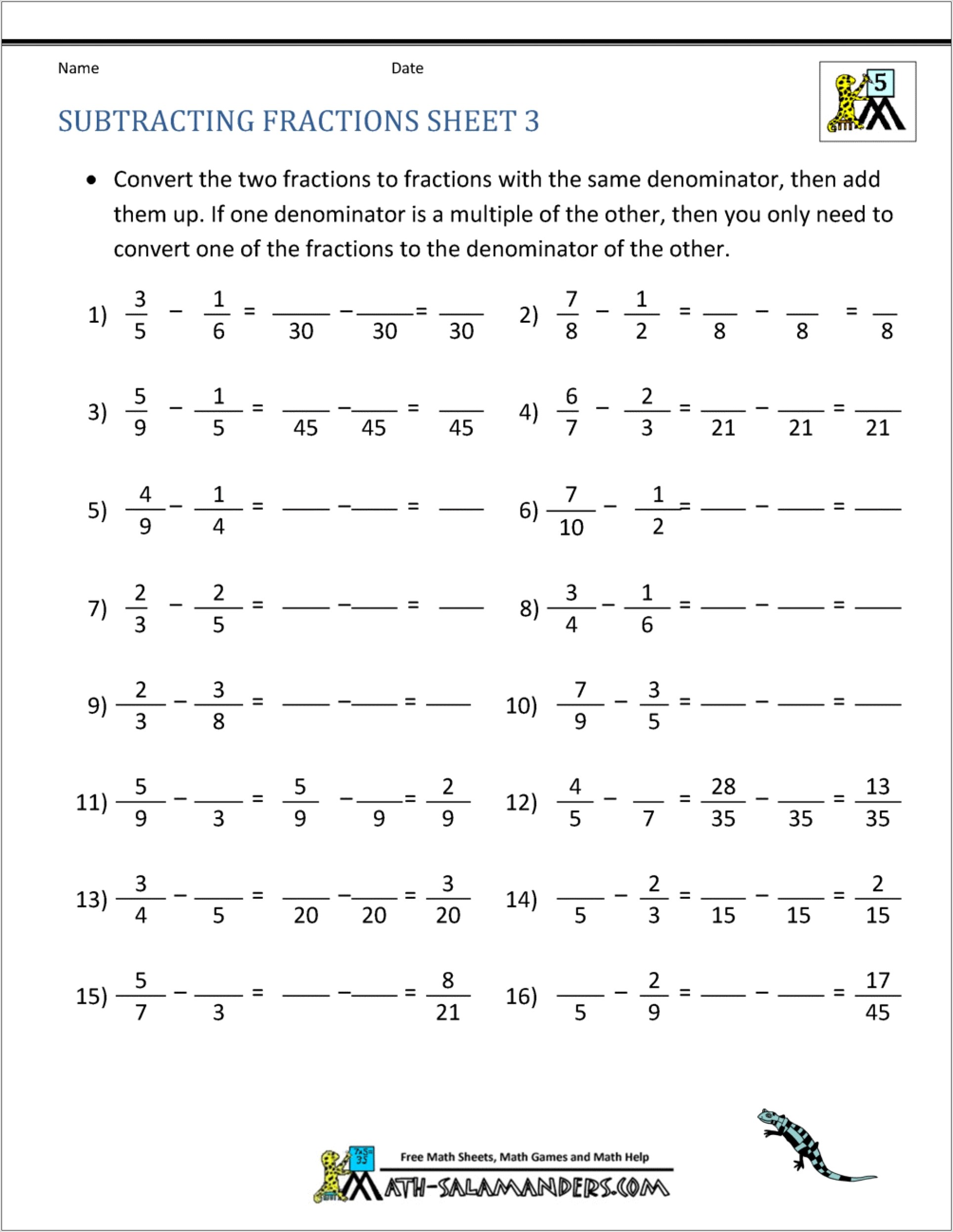 Worksheet Subtracting Fractions From Whole Numbers