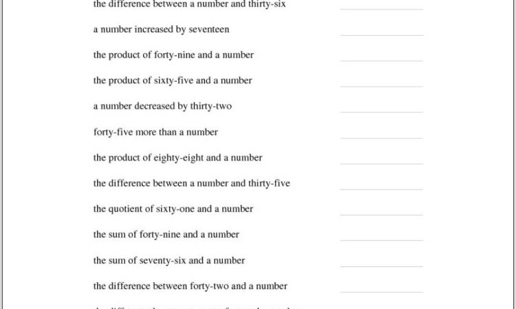 Worksheet Translating Algebraic Expressions