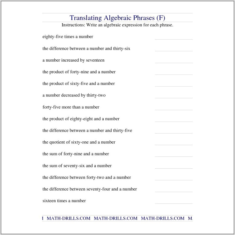 Worksheet Translating Algebraic Expressions