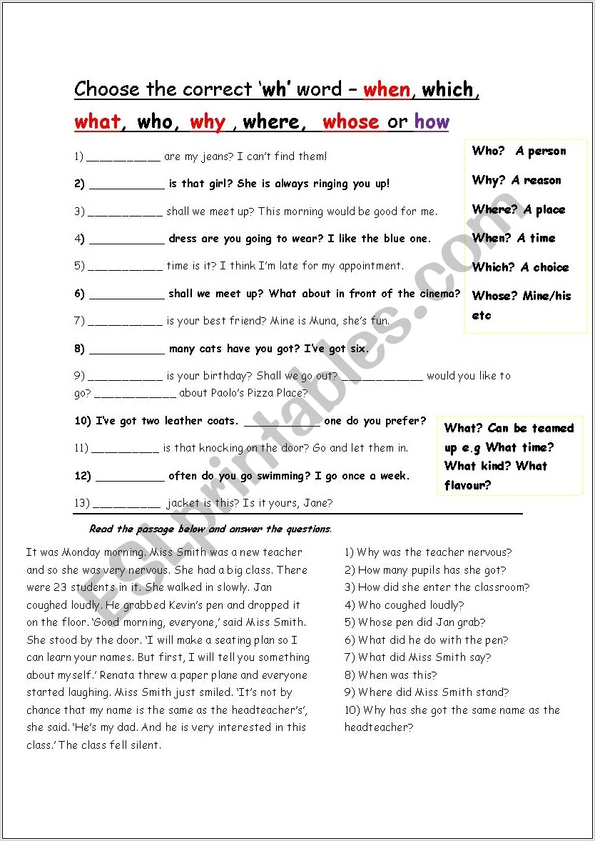 Worksheet With Wh Words