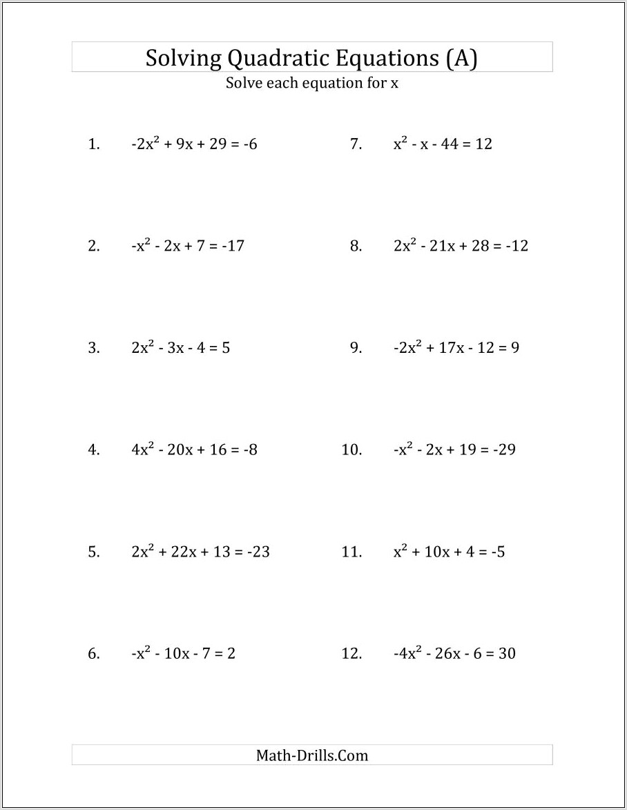 Worksheet Word Problems Quadratic Equations