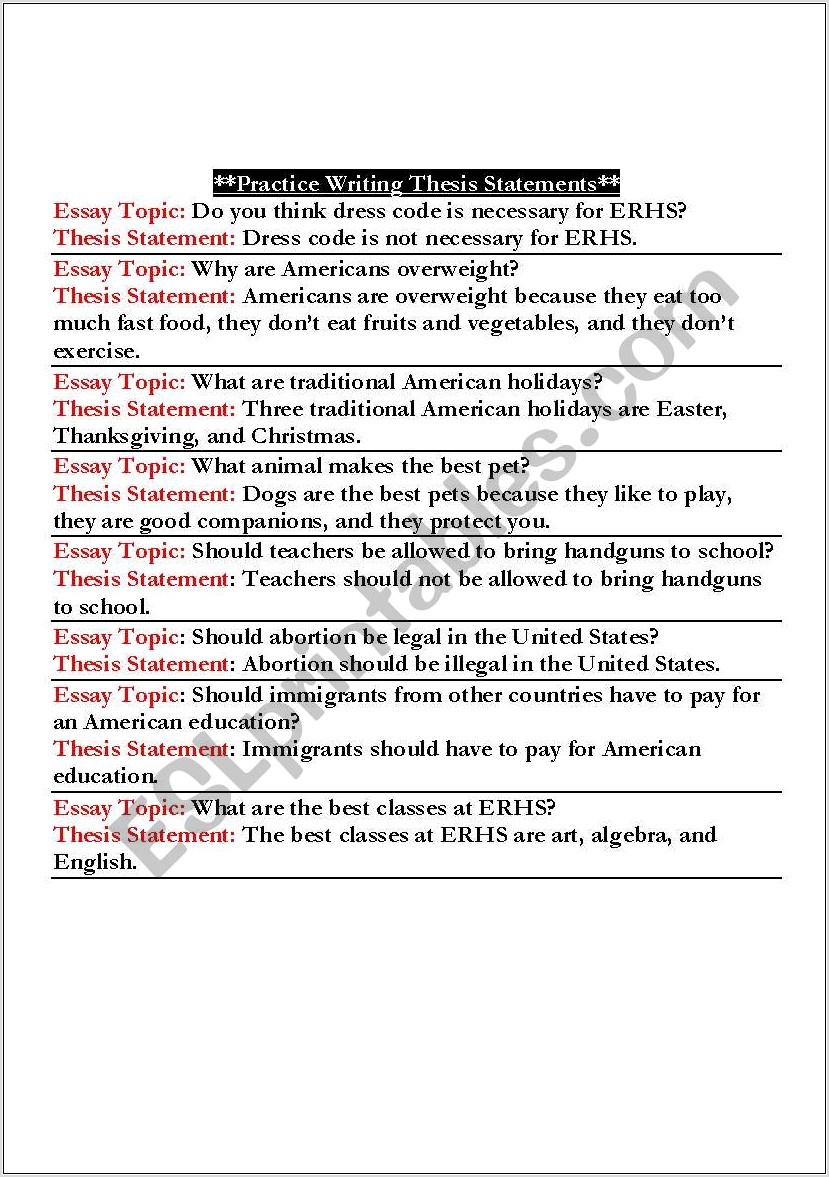 Worksheet Writing A Thesis Statement