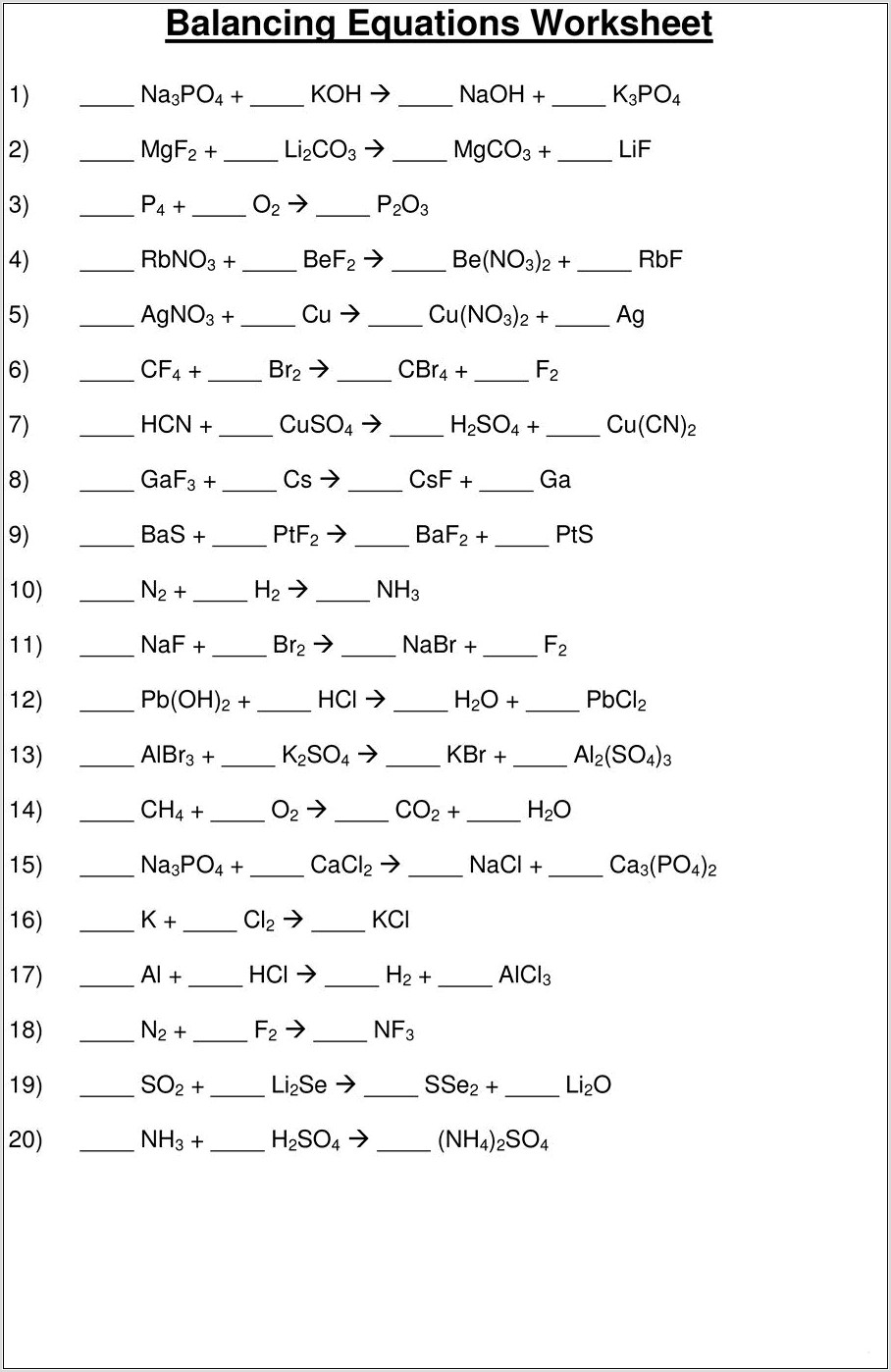 Worksheet Writing And Balancing Chemical Equations
