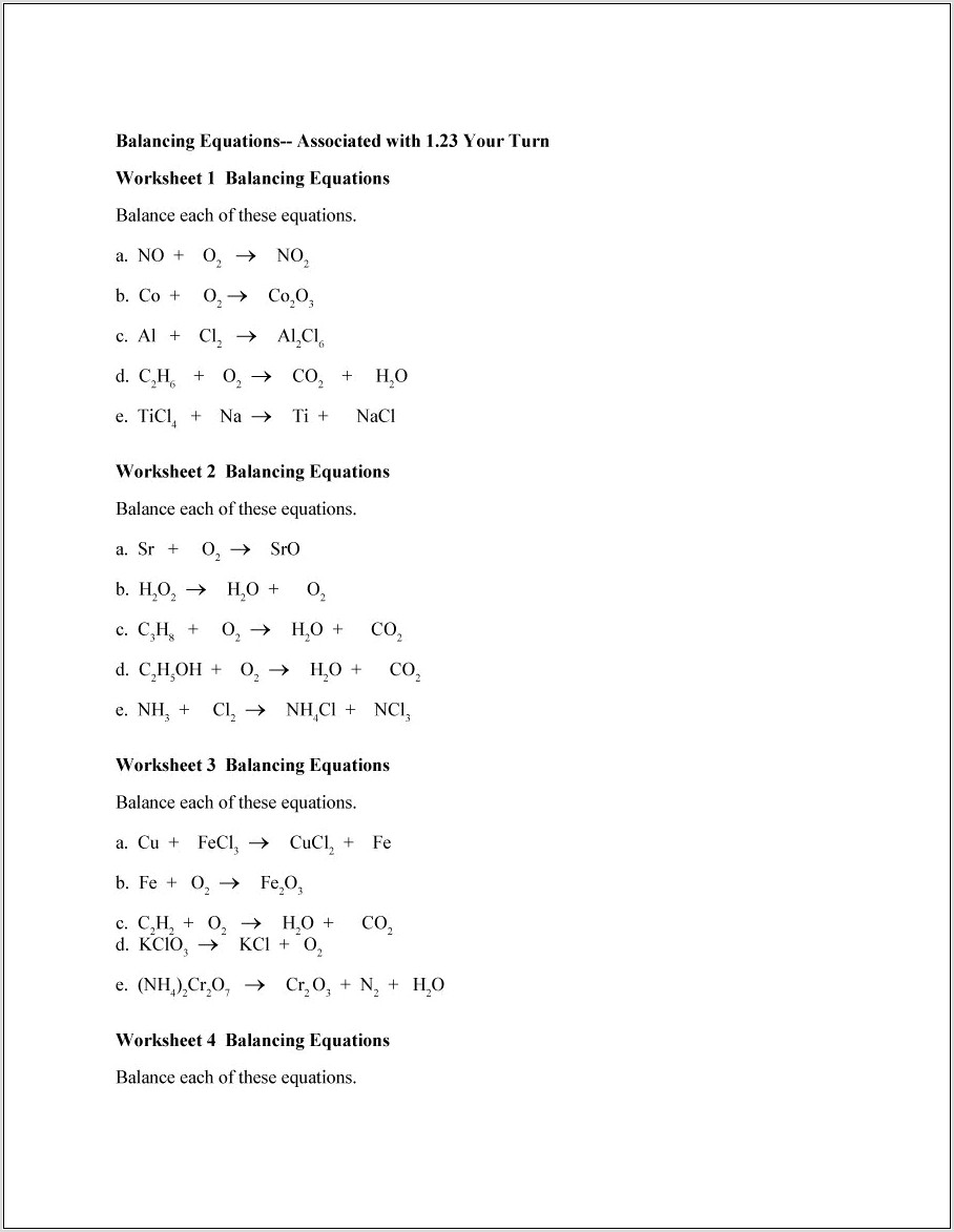 Worksheet Writing And Balancing Formula Equations