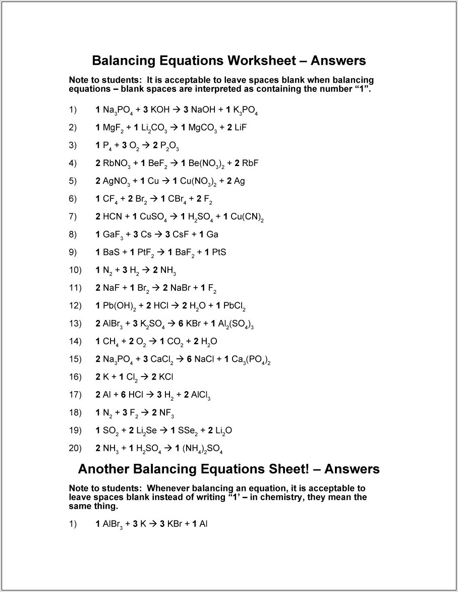 Worksheet Writing Balancing Chemical Reactions Answers