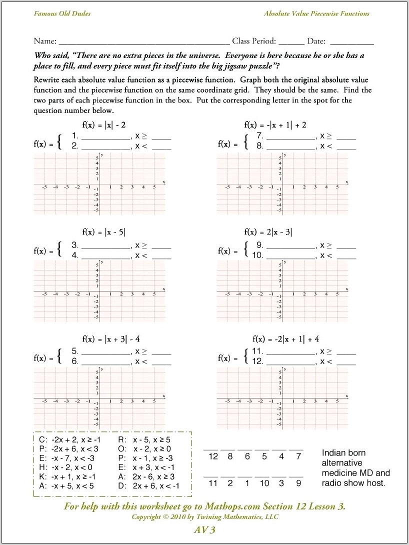 Worksheet Writing Equations Of Piecewise Functions