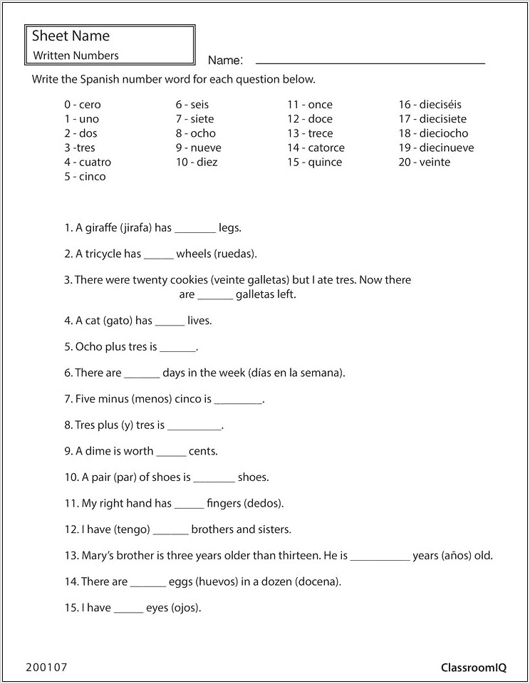 Worksheets About Numbers In Spanish