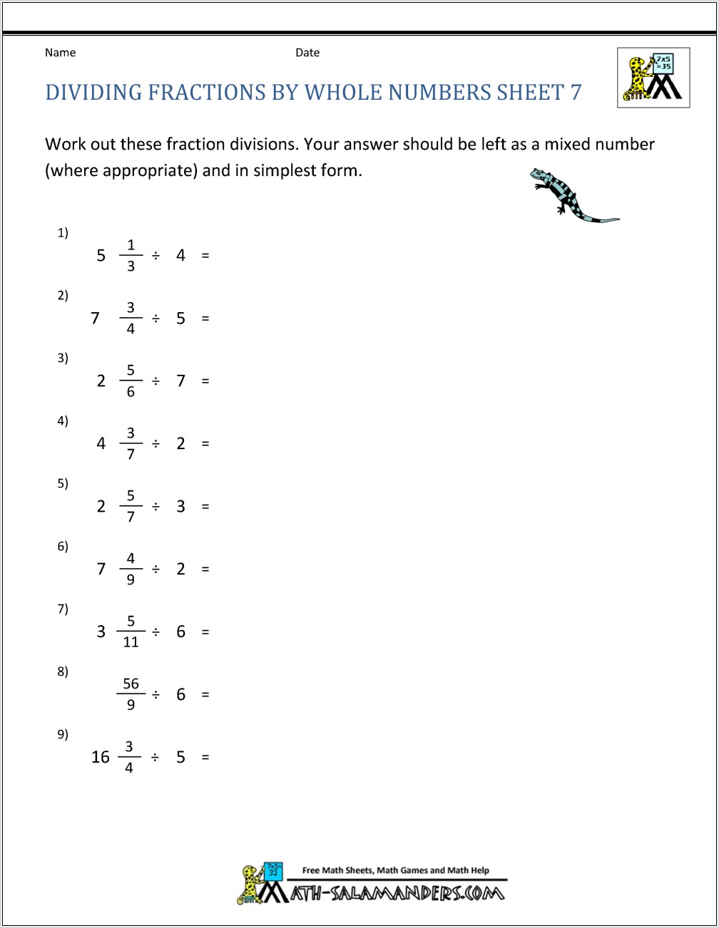 Worksheets Dividing Whole Numbers By Fractions