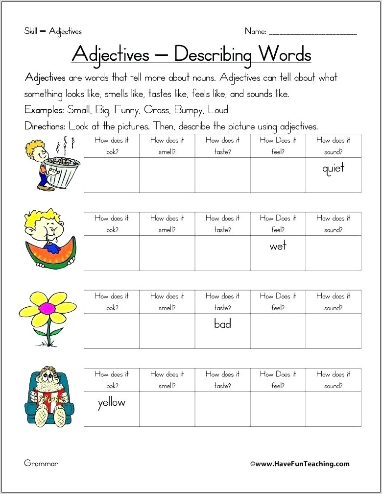 Worksheets For Second Grade Adjectives